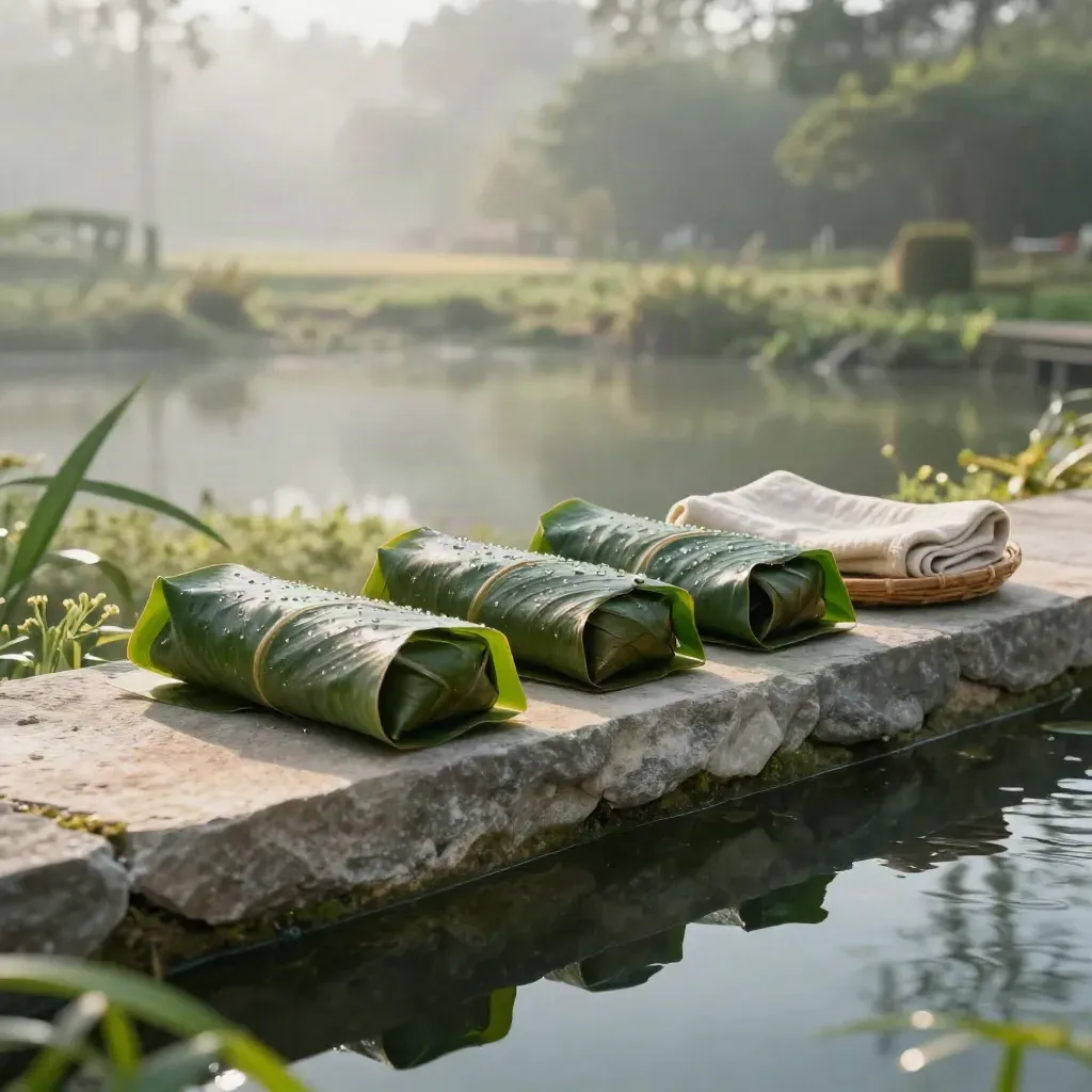 Banana leaf wraps on a pale stone ledge above a misty pond at dawn.