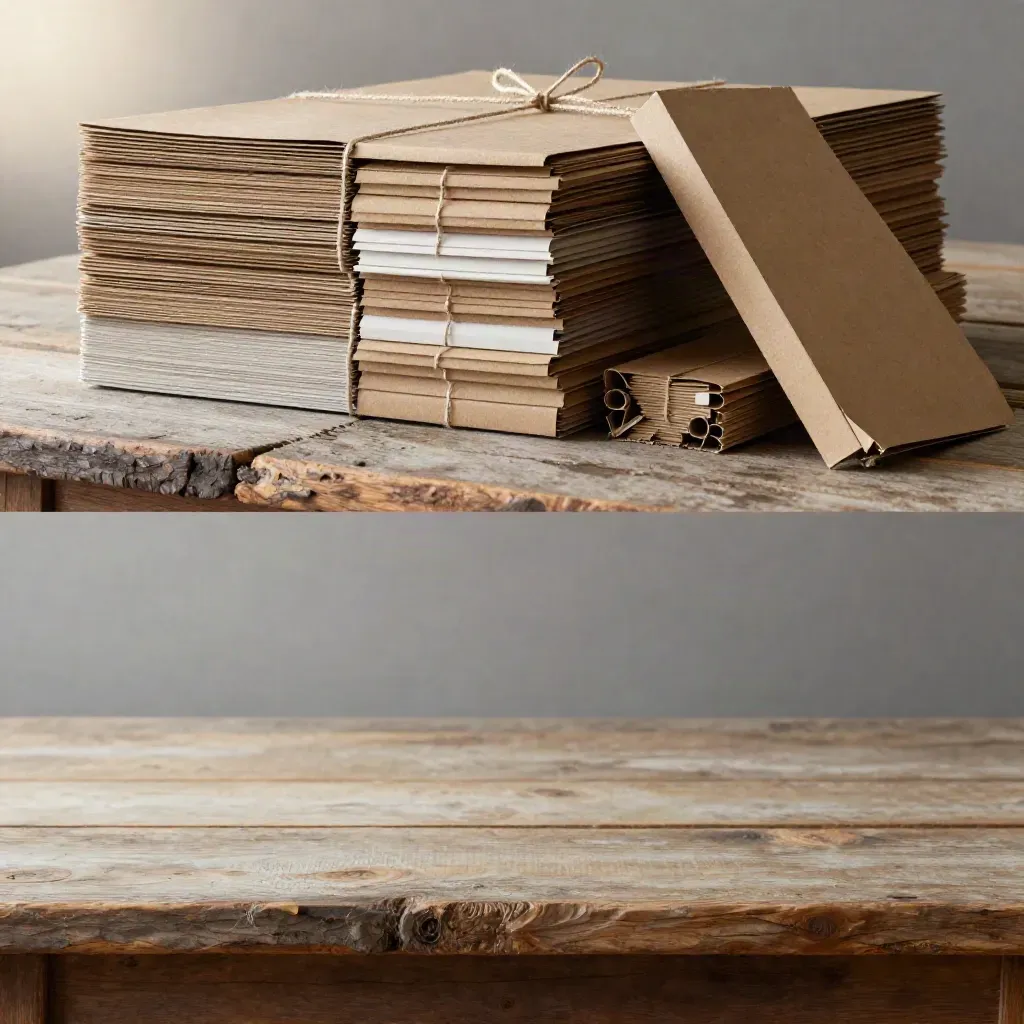 Wholesale kraft packs on a weathered wooden table with calm copy space below