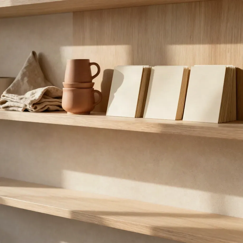 Custom sleeves on a sunlit café shelf with cups, linen and pale wood, warm terracotta accents.