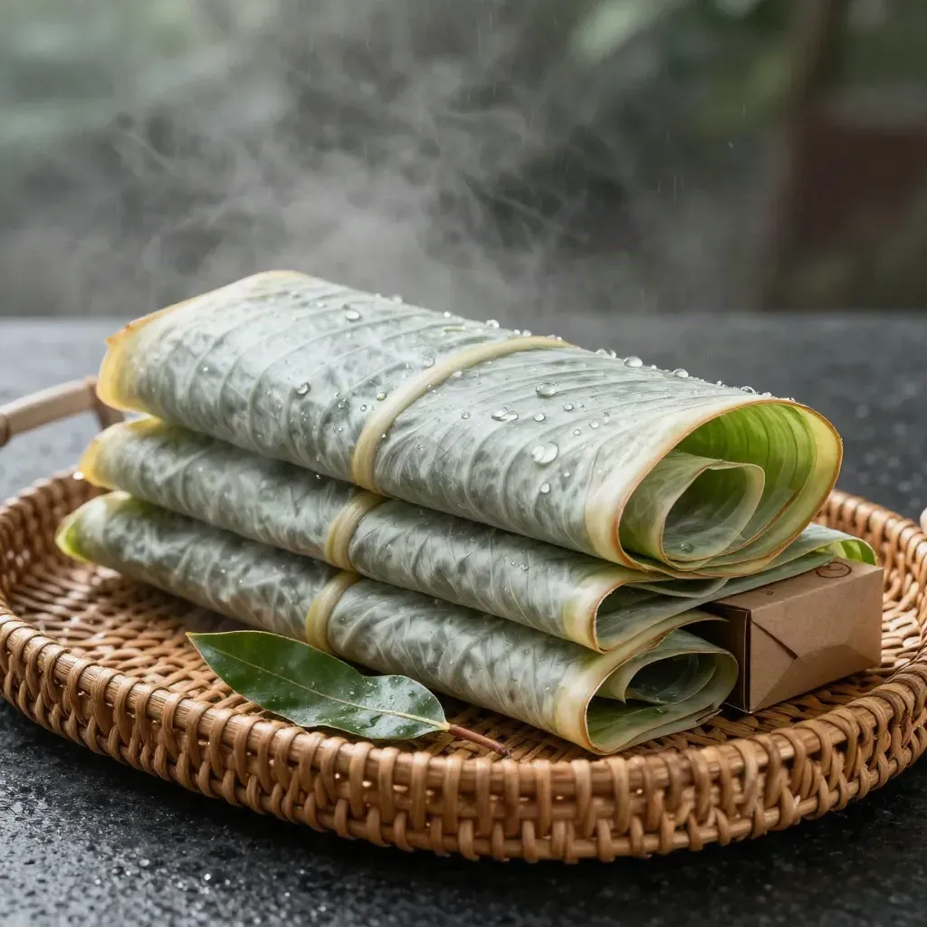 Banana leaf wrap sheets, tray, kraft case pack, and bay sprig in misty dawn light