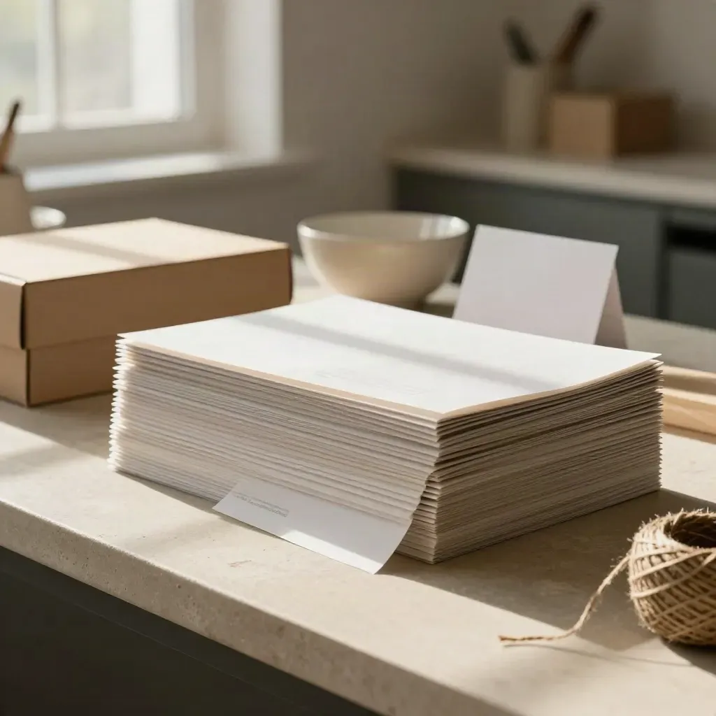 Wrap sheets fanned beside kraft boxes, bowl, and twine on a sunlit prep counter.