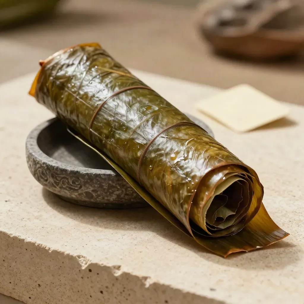 Macro banana leaf wrap roll leaning on stone bowl, two strips curling on pale limestone