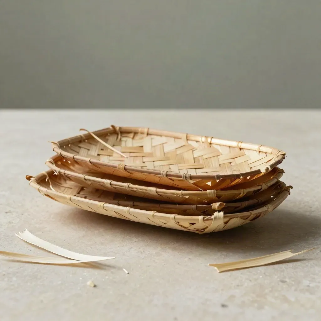 Floating palm leaf meal tray with nested backups on pale stone, softly lit studio product hero.