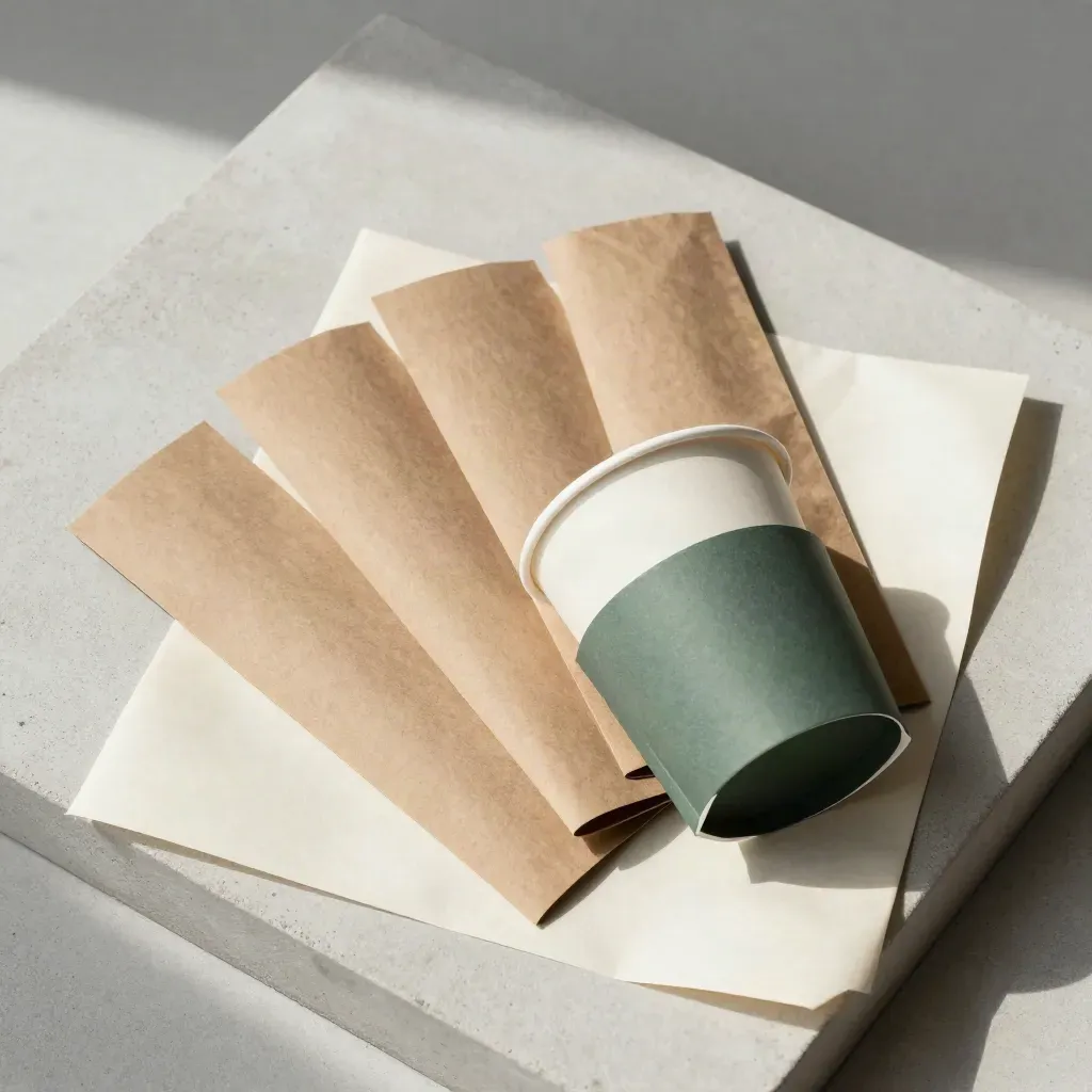 Overhead flatlay of compostable sleeve pack, sleeves, cup rim, and parchment on pale concrete.