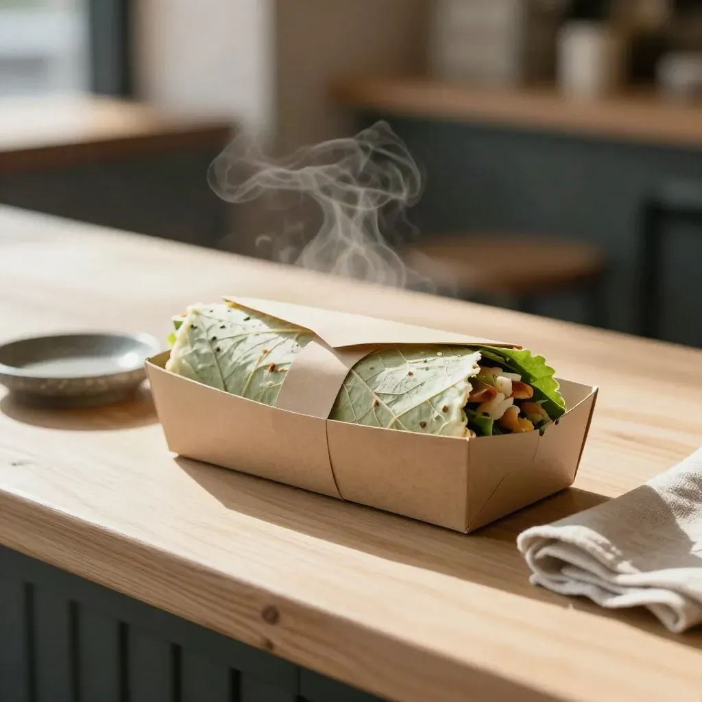 Leaf sandwich wrap around kraft box on pale wood with linen and stone dish