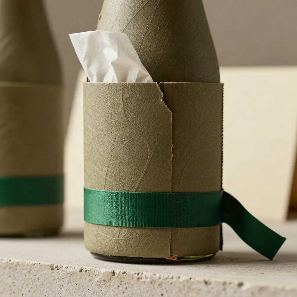 Macro of compostable market sleeves with tissue and a green shipping band on plaster.