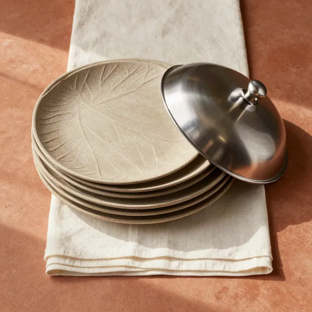 Overhead flatlay of stacked leaf platters, cloche and linen runner on terracotta clay.