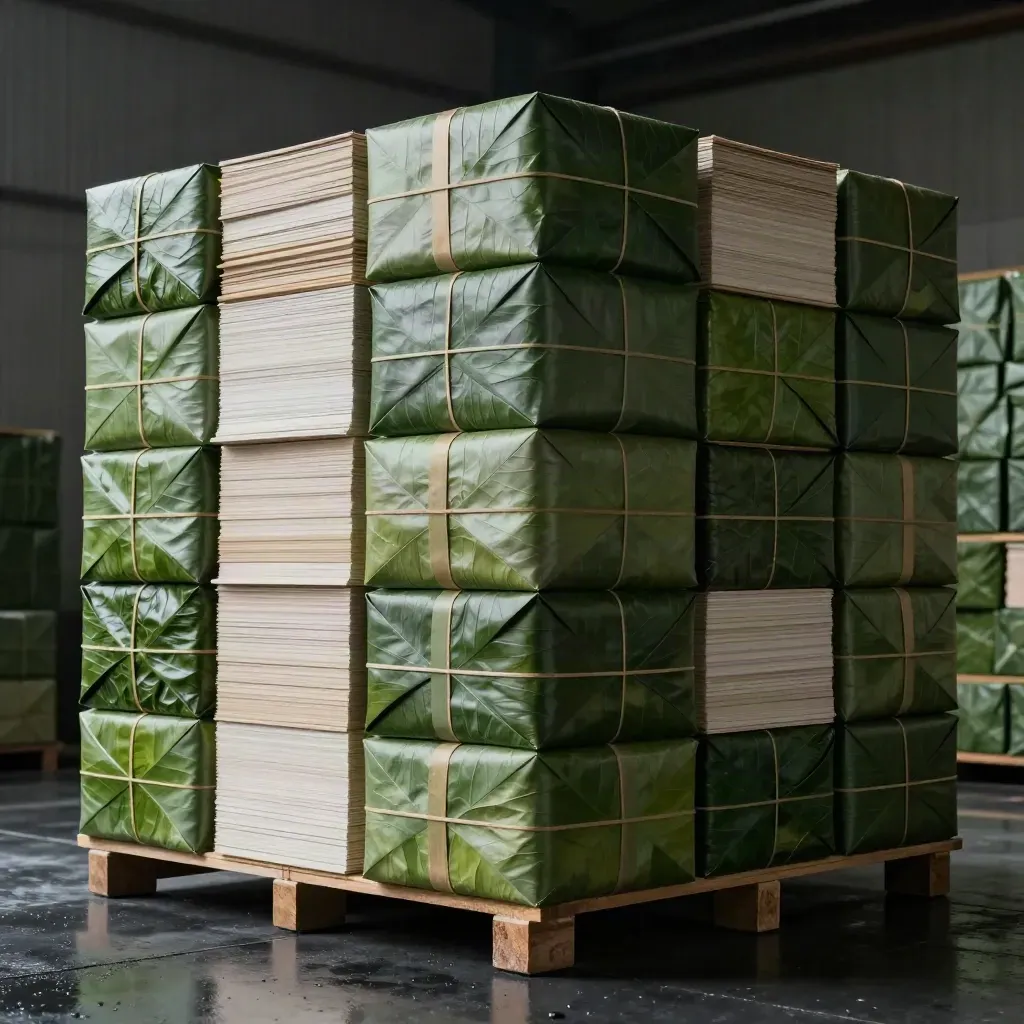 Low-angle pyramid of green leaf packaging case packs and sleeves on wet black floor, dramatic studio light.