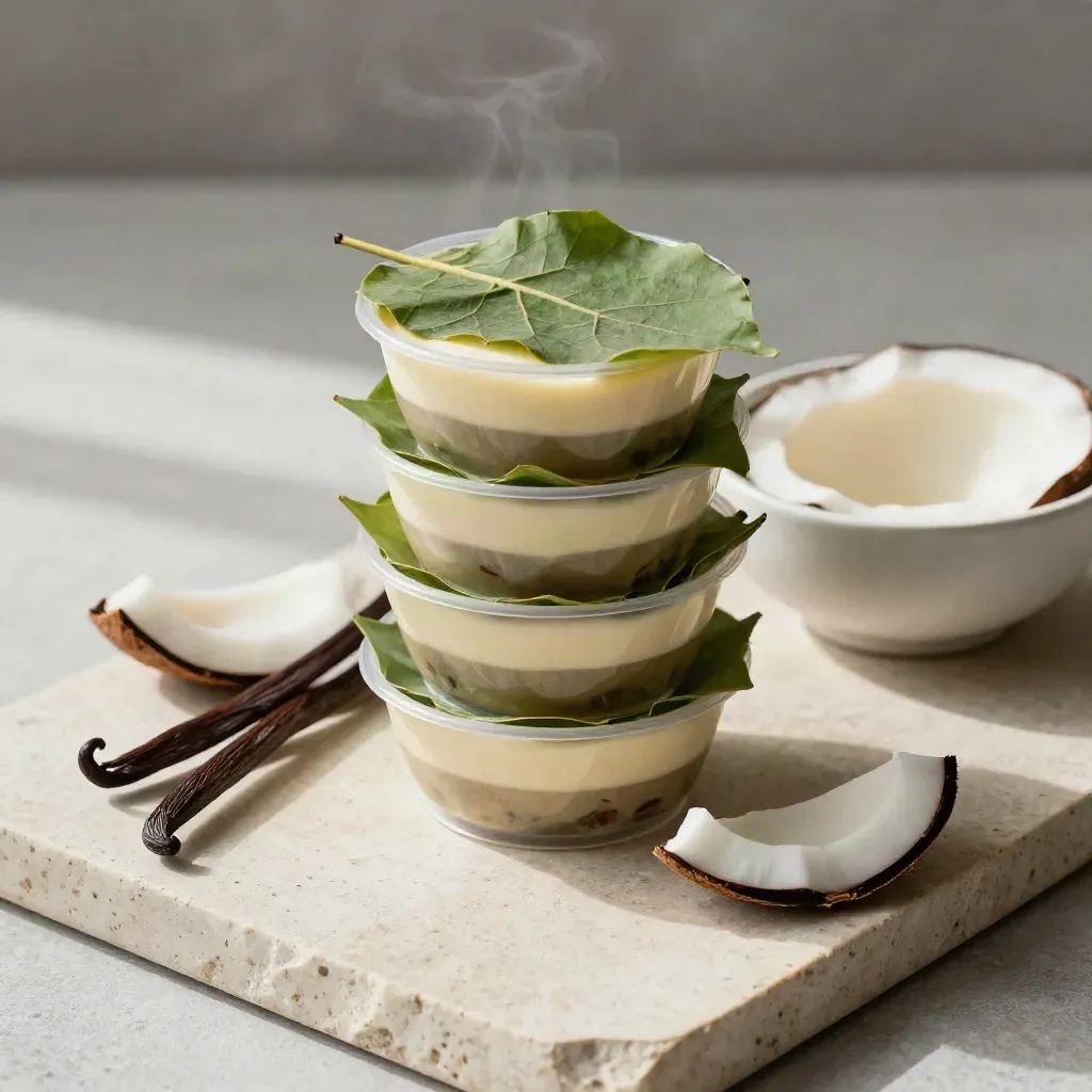 Top-down flatlay of nested leaf dessert cups with vanilla bean, coconut shard and cream bowl