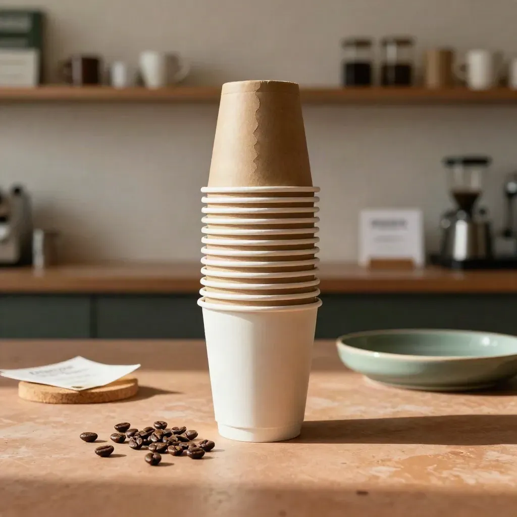 Compostable cup collars stacked around a paper cup with coffee beans and coaster on terracotta clay.