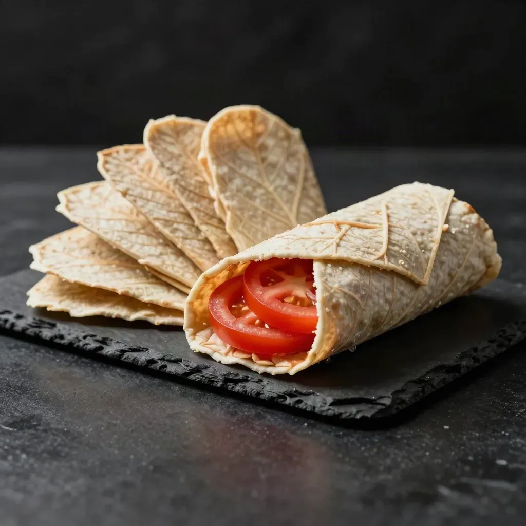 Leaf burger wraps fanned around a kraft clamshell with tomato slices on a dark studio surface