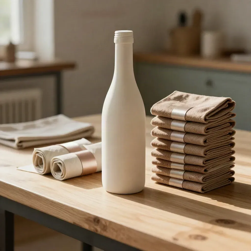 Private label sleeve stack beside tissue paper and sealing bands on a pale wood worktop.