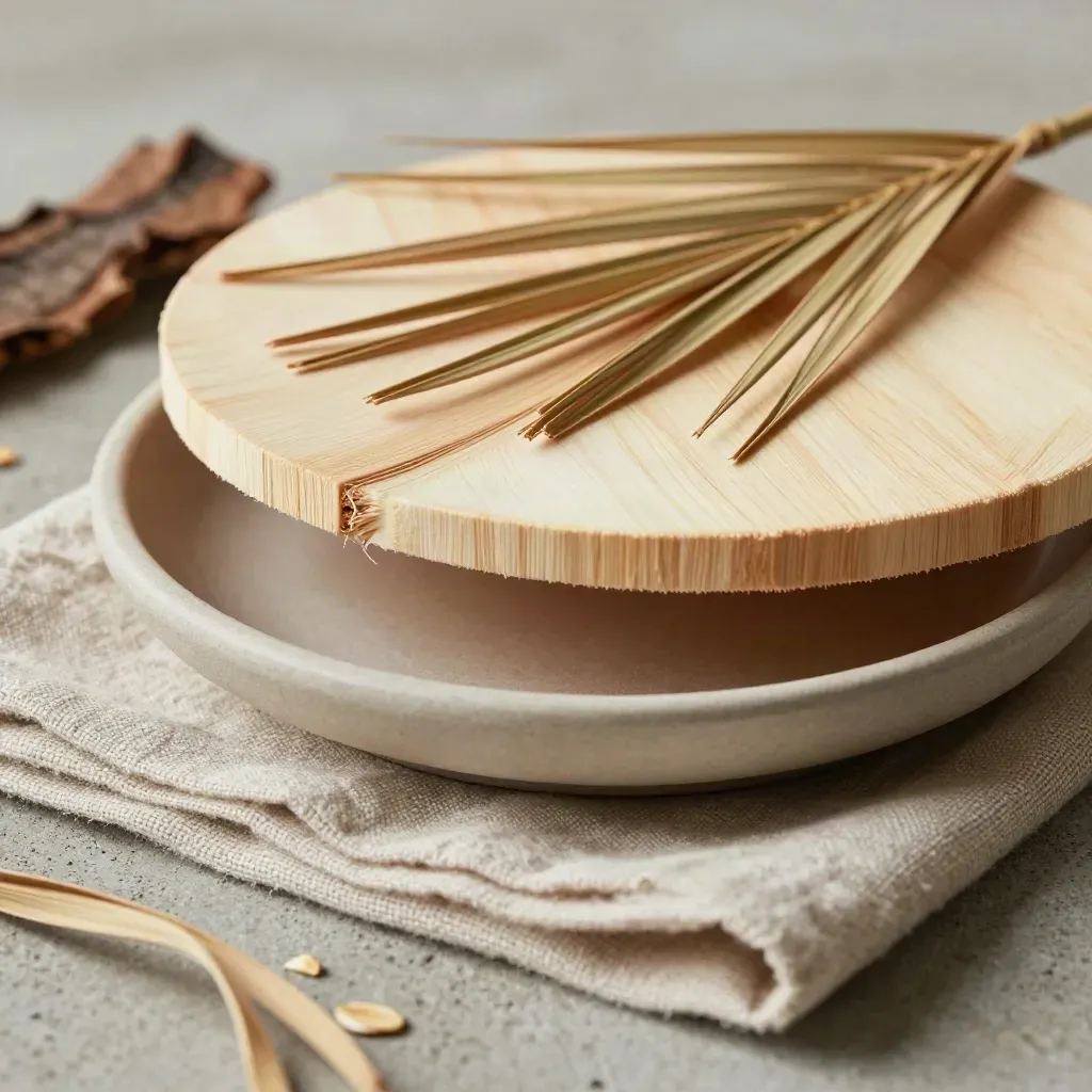 Macro of nested areca plates with a bowl, linen napkin, and dried palm fronds.