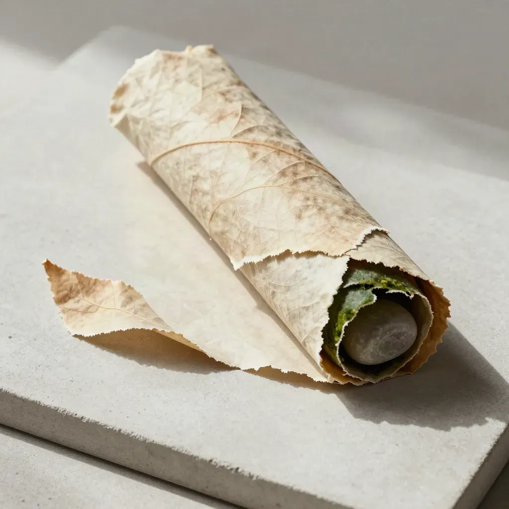 Overhead leaf wrap roll with torn tails, stone weight, and soft daylight on pale concrete.