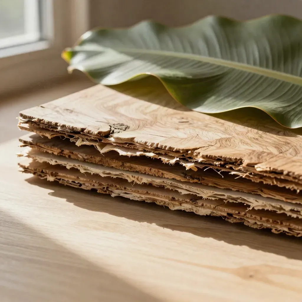 Weathered oak table with stacked leaf trays and breeze-lifted banana leaves in warm soft daylight.